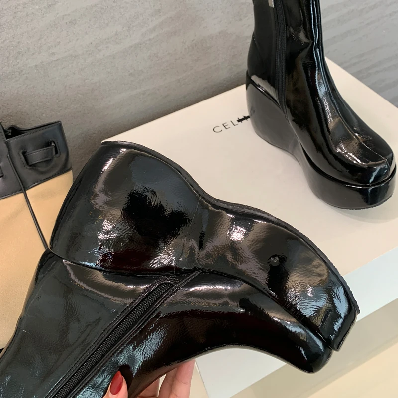 Ботинки женские на танкетке 10 см размер 35 - 43 цвет черный