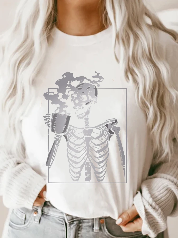 Funny Drinking Tea Skeleton Skulls Print Women T Shirt Short Sleeve Summer White Modal Tee Shirt 2022 Harajuku Top Clothes Mujer