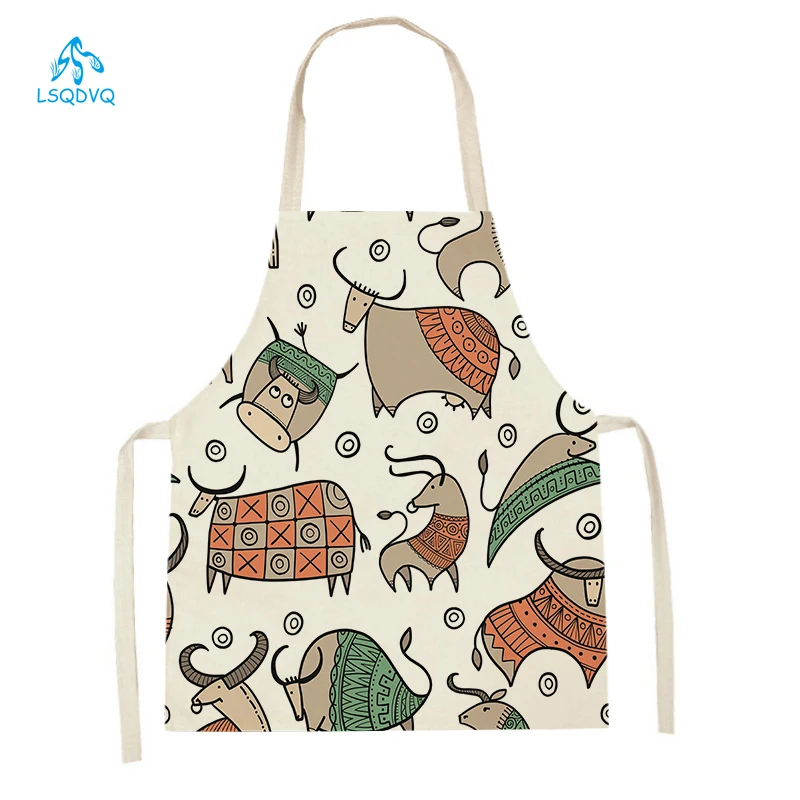 

Adult Kids Cartoon Animals Print Kitchen Aprons Dinner Party Cooking Waist Bib Cattle Sheep Lion Printed Pinafore Cleaning Apron
