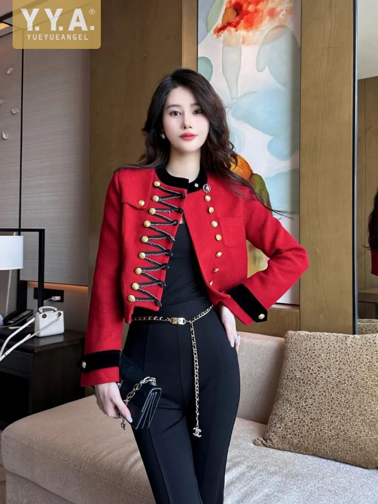 

Женская короткая приталенная куртка, красная двубортная куртка с круглым вырезом, винтажная верхняя одежда в полоску, повседневные куртки с длинным рукавом, весна