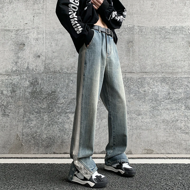 CUMUKKIYP American Streetwear Splice Button Split Jeans for Men Spring Summer Casual Loose Vintage Straight Denim Pants