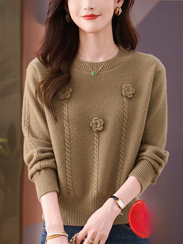 Hengyuanxiang 2024 осенне-зимний новый толстый свитер с круглым вырезом и цветком женский
