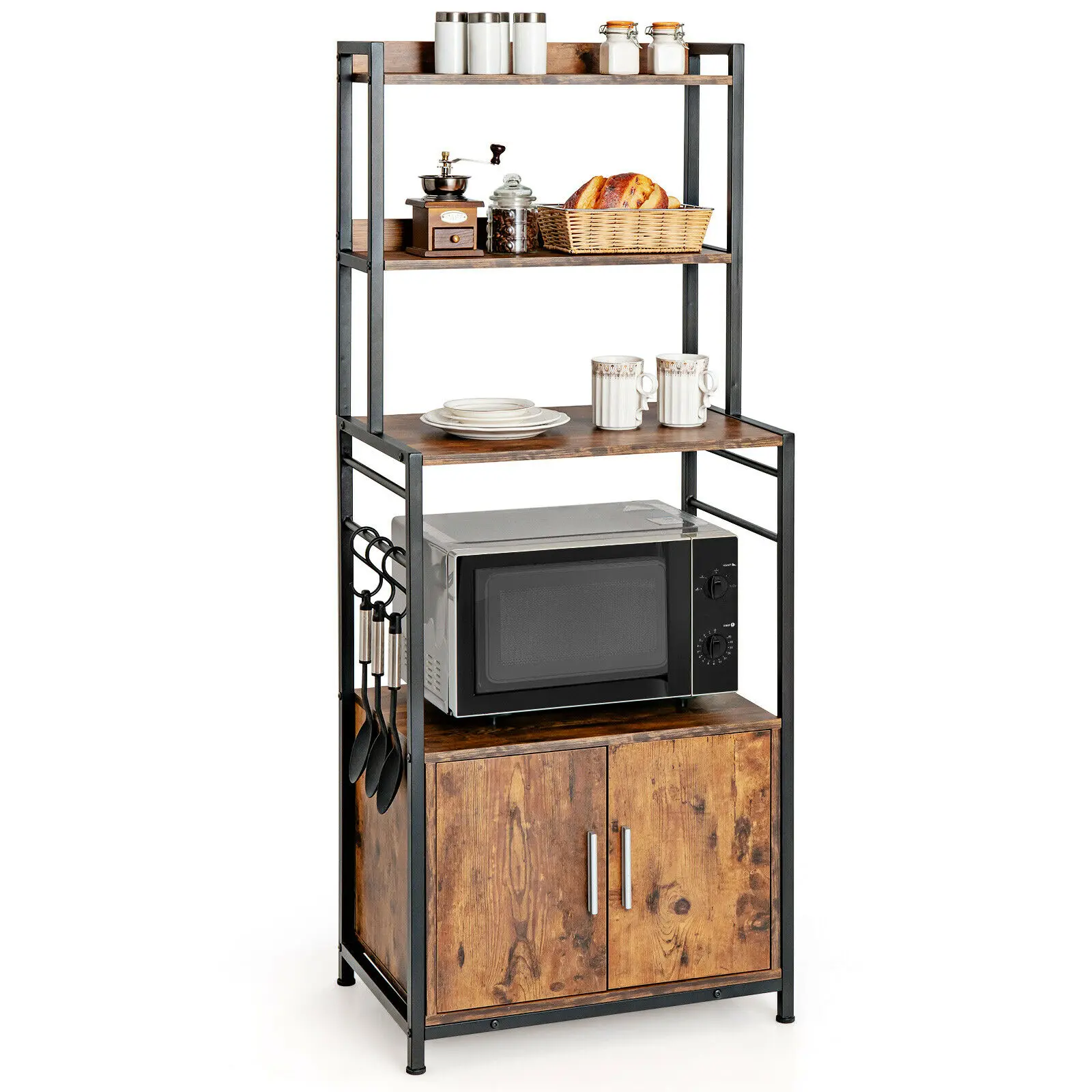 

4-Tier Industrial Kitchen Bakers Rack Microwave Oven Stand w/ Hooks & Cabinet KC54154CF