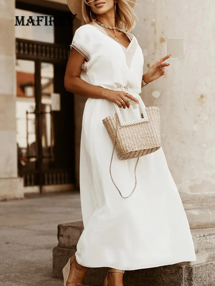 

Женское однотонное платье макси на шнуровке, повседневное милое праздвечерние чное платье с коротким рукавом и глубоким V-образным вырезом,...