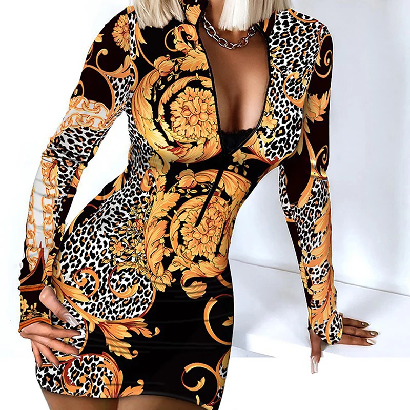 

2022 Fall Fashion Deep V Neck Print Sexy Long Sleeve Skinny Mini Dress Women Club Clothing Party Dress Casual Robe Women
