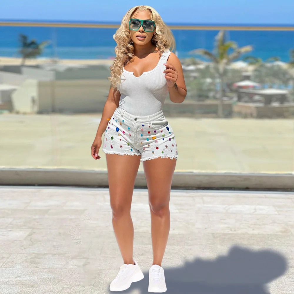 MUDAN 2023 Women's Tassel Brushed Denim Shorts Colorful Diamond Jeans Casual Fashion Straight Leg Pants