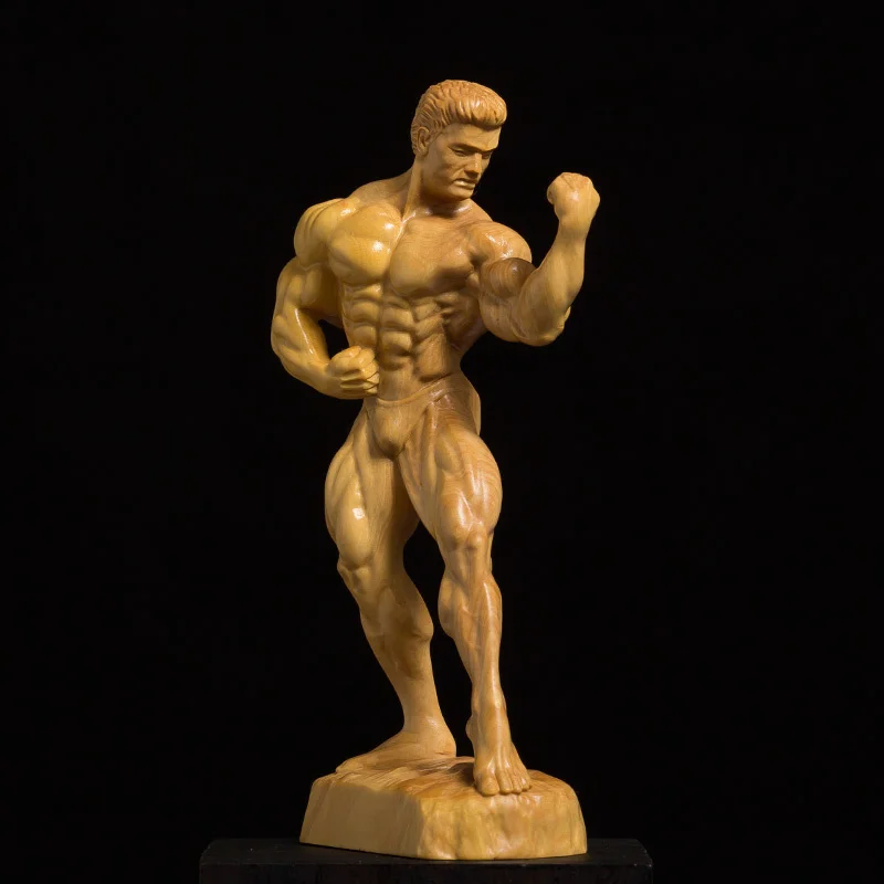 

Wood Boxwood Carving Living Room Decoration Figures Sculpture Crafts Bodybuilding Muscle Male Statue Home Decor Arts Accessories