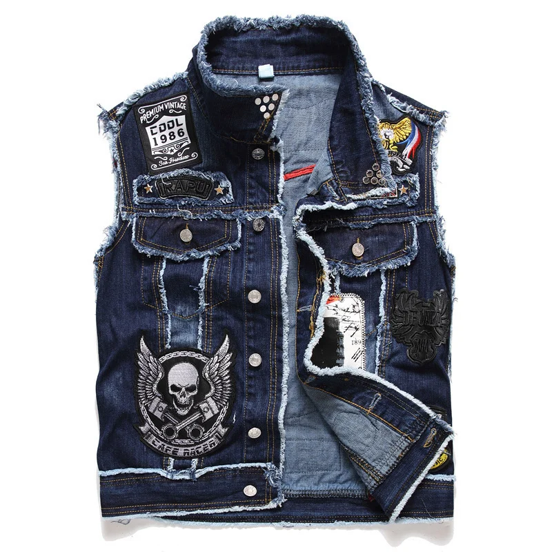 

2022 Skull Patch Rivet Blue Denim Vest Men Punk Rock Rivet Cowboy Jeans Waistcoat Fashion Motorcycle Biker Sleeveless Jacket