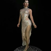 sparkly diamonds women high slit dress nightclub dj singer performance stage costume evening prom outfit