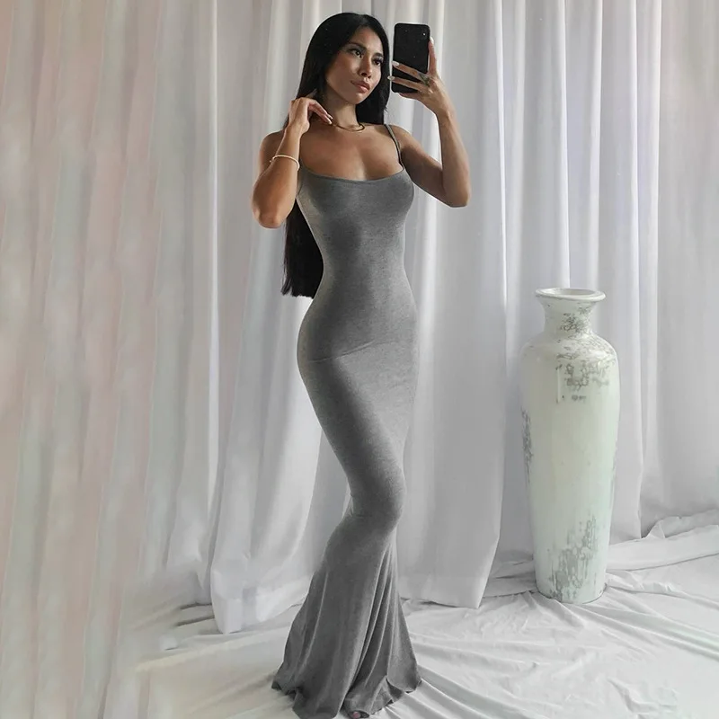 Women Slip Maxi Dress Lady Sexy Bodycon Sleeveless Backless Slim Elegant Solid Color Casual Dresses