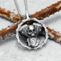 retro skull engine necklace chain machine 316l stainless steel men skeleton pendant rock punk for male biker rider jewelry gift
