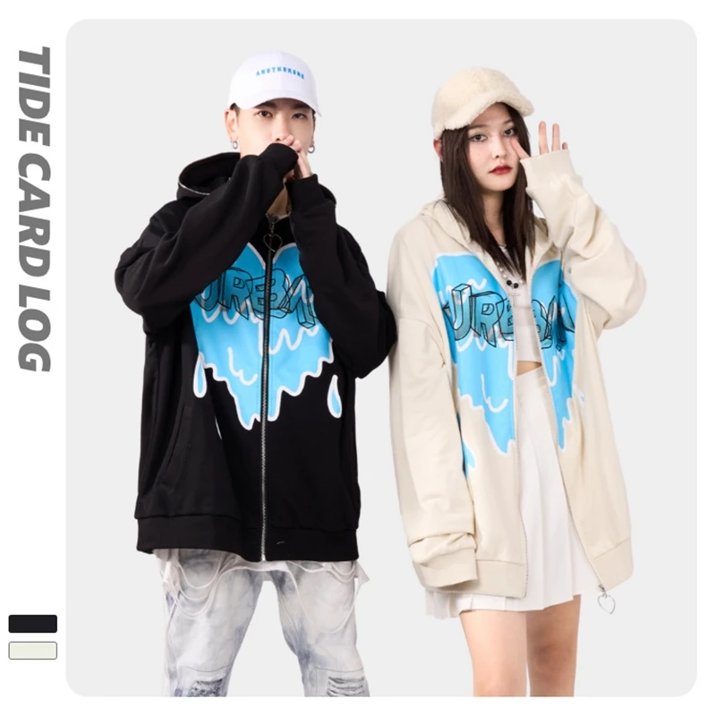 

Fashion Couple Jacket Cartoon Heart Pattern Printed Zip Up Hooded Sweatshirts Streetwear Men and Women Loose Hoodies Cotton Tops