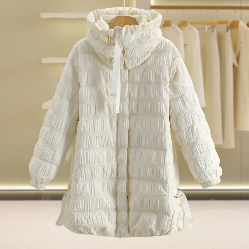 [Yao] 90 однотонный пуховик средней длины с воротником-стойкой на белом утином пуху