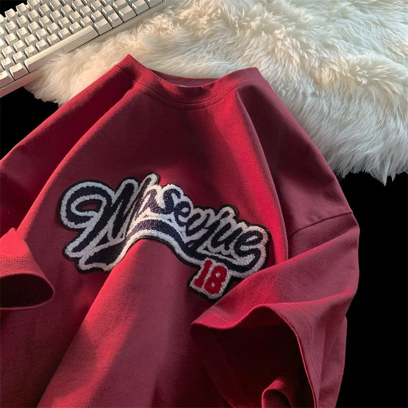 Мужская/Женская винная футболка с коротким рукавом и вышивкой