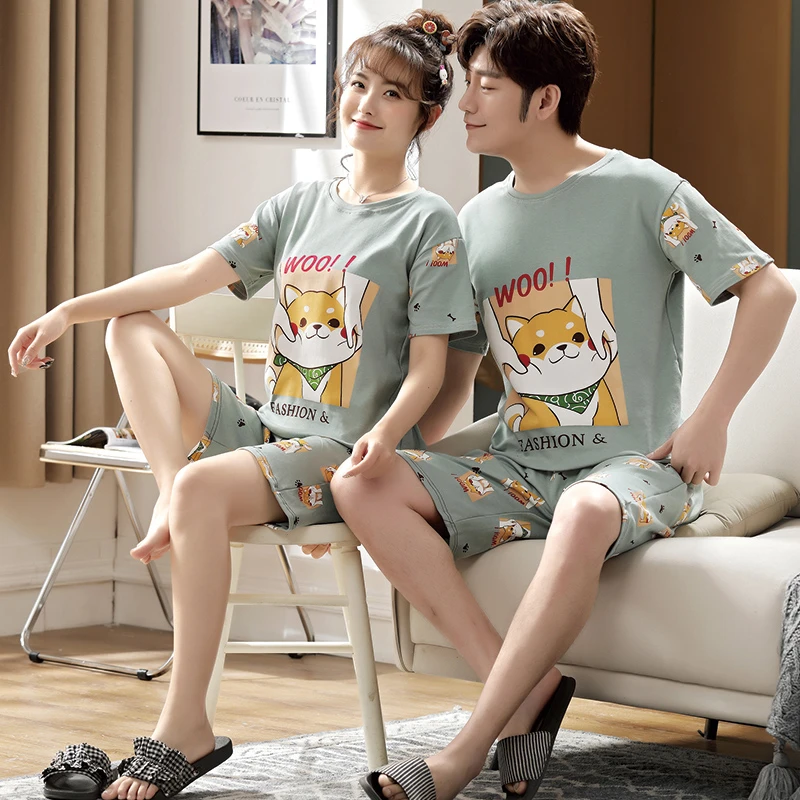 Couple Pajamas Sets Cartoon Shiba Inu Women Pijama Cotton Korean Men Sleepwear Short Sleeve Lovers Night-Clothes 2PCS Nightwear