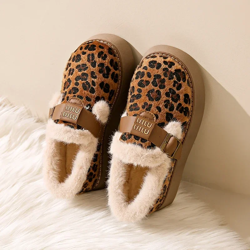 Модная женская обувь с леопардовым принтом на платформе 2024 теплые плюшевые