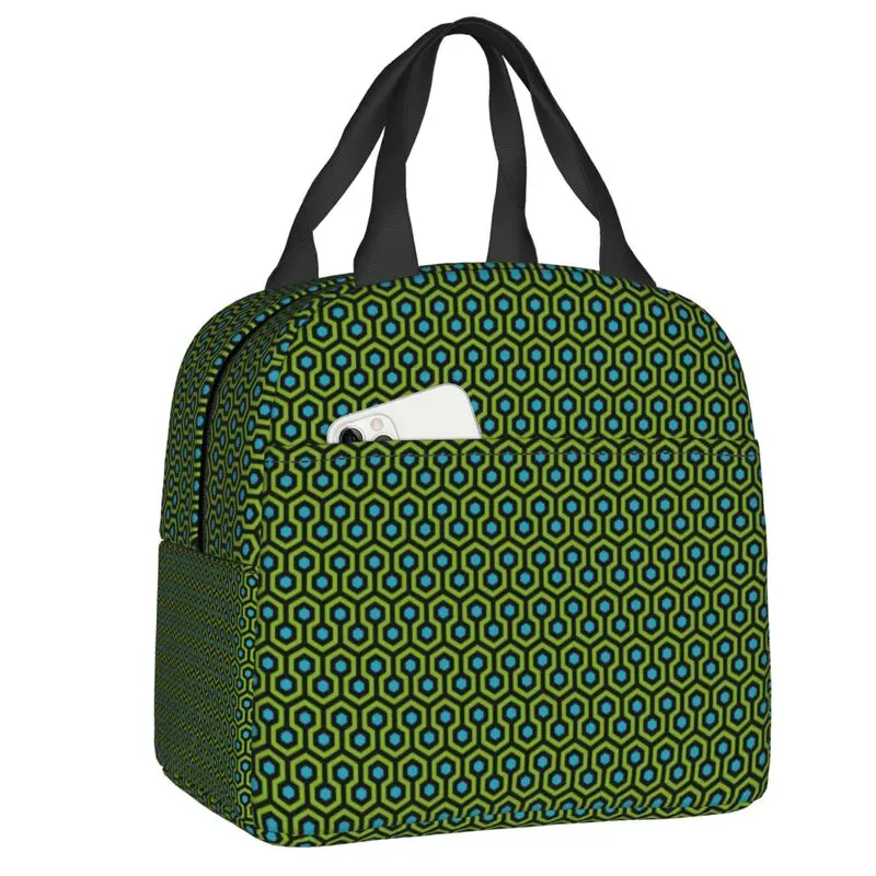 

Green Shining Overlook Hotel Carpet Resuable Lunch Box Modern Geometric Hexagons Cooler Thermal Food Insulated Lunch Bag Office