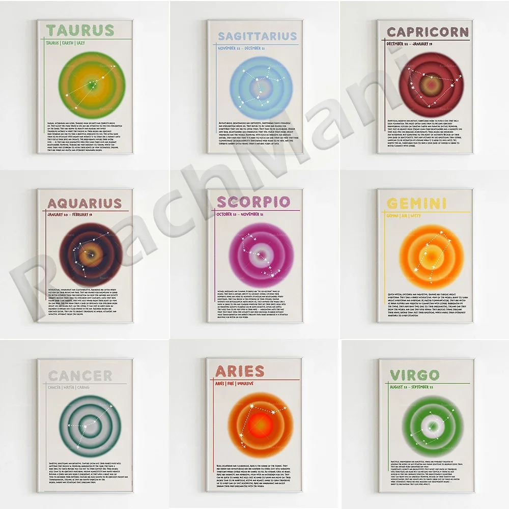 Zodiac prints asterisk colorful halo gradients astrology wall decor spiritual posters zodiac gifts aesthetic poster