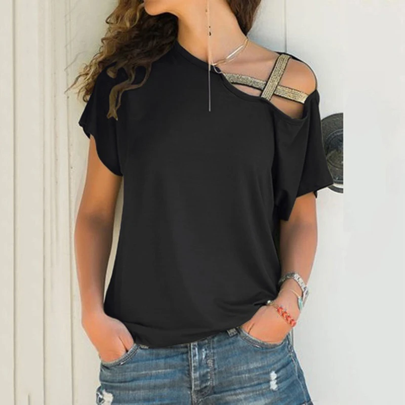 

Summer Women Tops T Shirt Womens Tunic Cross One Shoulder Short Sleeve Tops Ladies Casual Loose T Shirt Clothes Plus Size