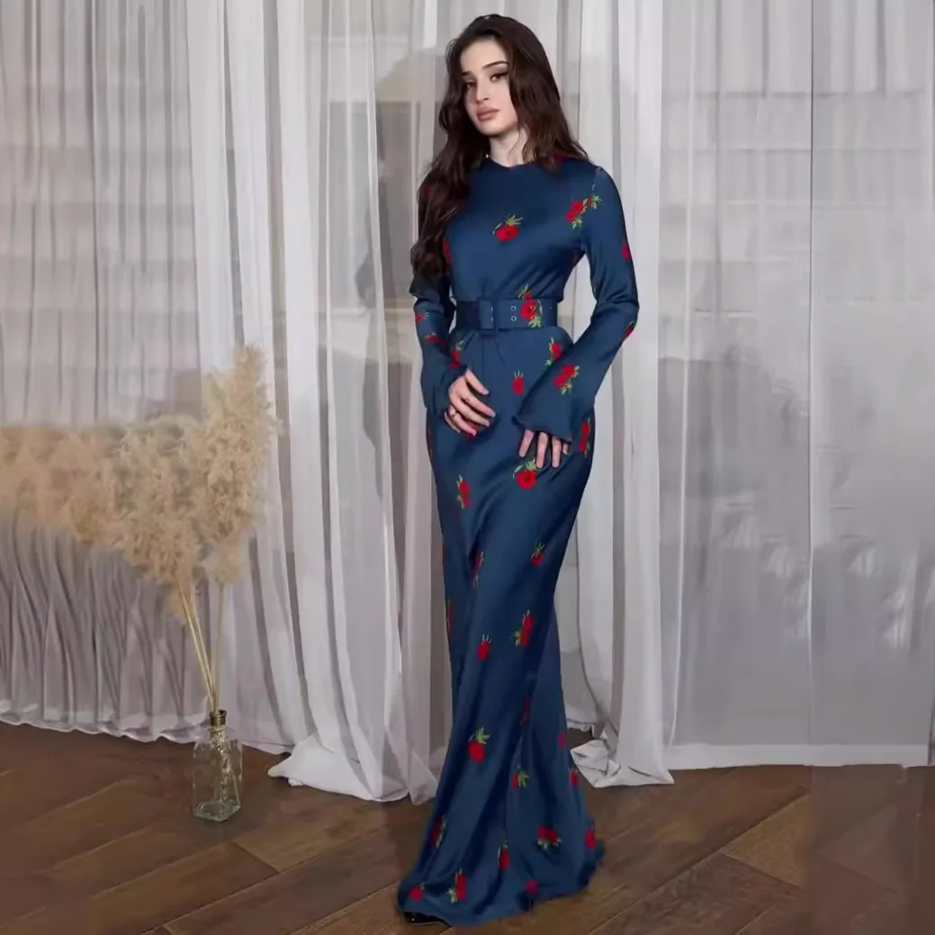 Женское летнее платье с длинным рукавом и цветочным принтом