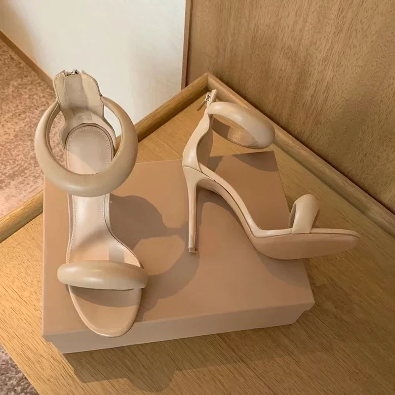 High Fashion Super Heel Back Zipper Sandals Sexy Genuine Leather Ankle-Strap Stiletto Lady Wedding Banquet Sapato Feminino