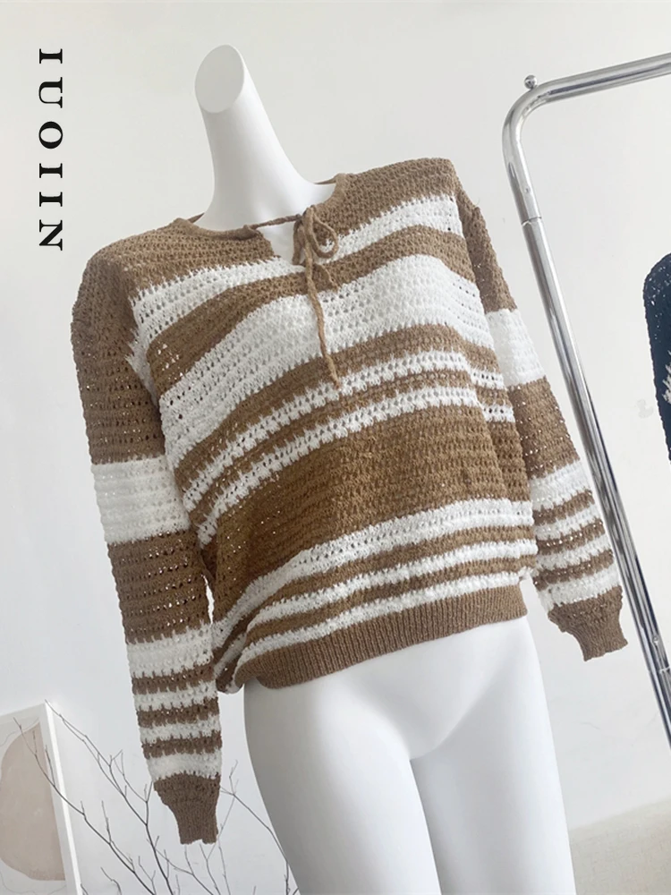 

Пуловер IUOIIN в полоску, женские свитера, Осень-зима 2023, Модные Повседневные пуловеры с вырезами, о-образный вырез, мягкий на шнуровке, шикарный свитер