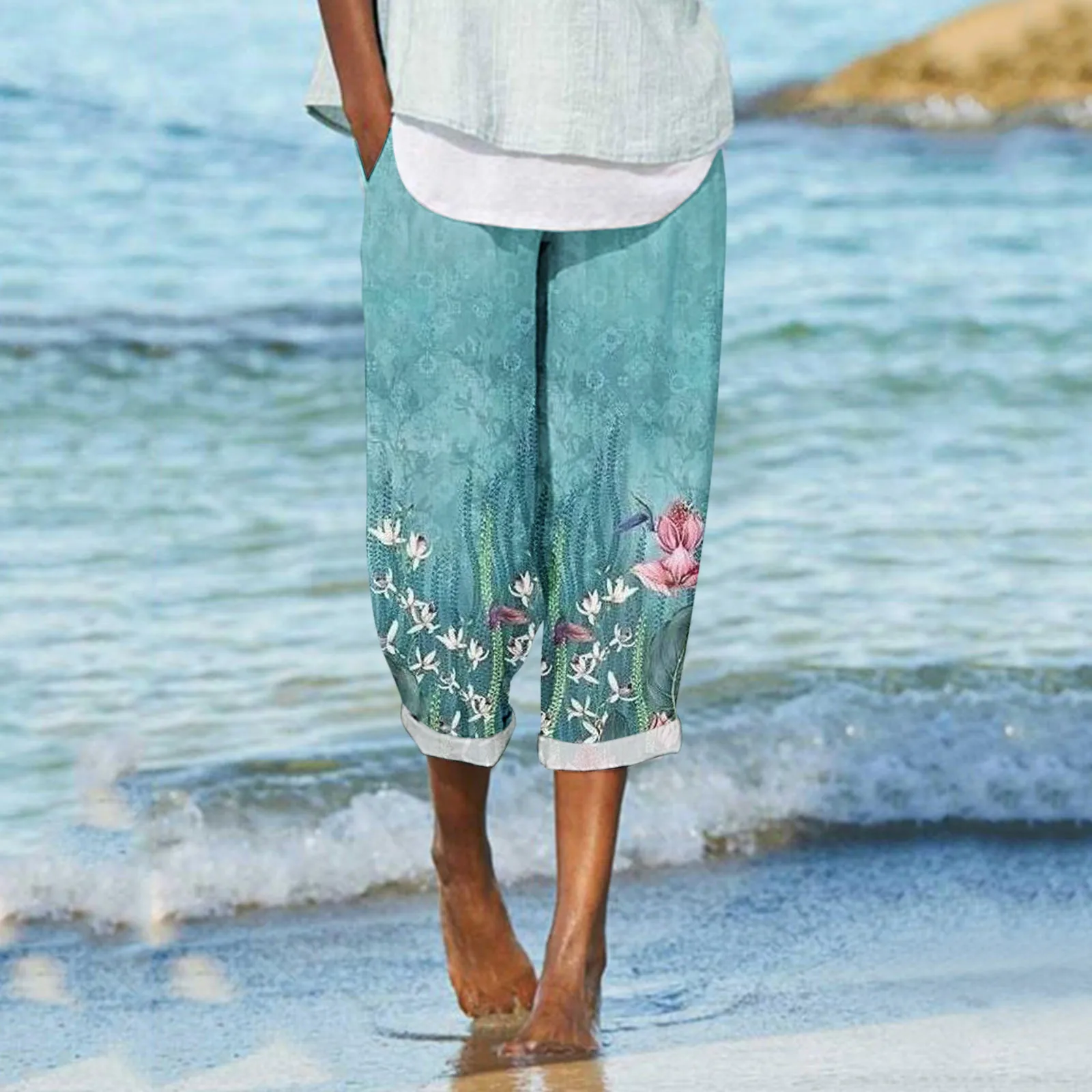 

Summer Oversized Wide Leg Pants Women Loose Elastic High Waist Floral Print Summer Beach Pants Cotton Linen Straight Trousers