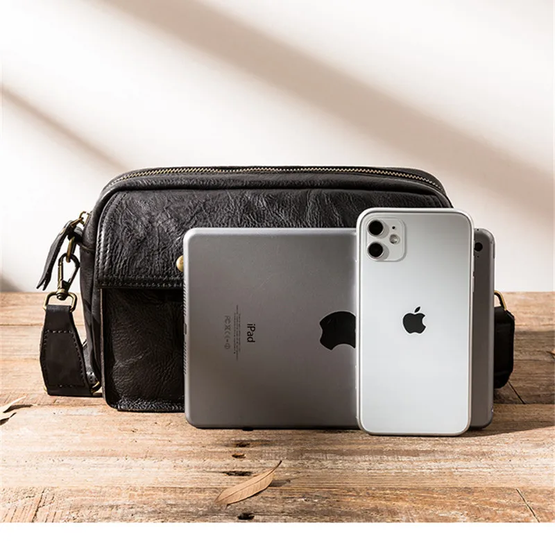 PNDME fashion casual high quality genuine leather men's black messenger bag outdoor daily travel soft real cowhide shoulder bag