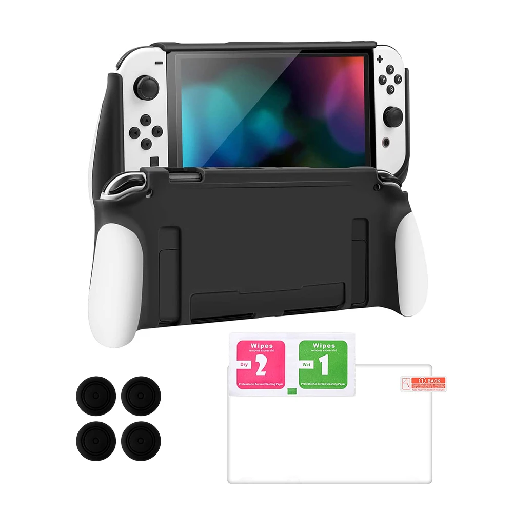 

Эргономичный чехол для Nintendo Switch OLED защитный чехол с закаленным стеклом 9H и 4 колпачками для захвата большими пальцами