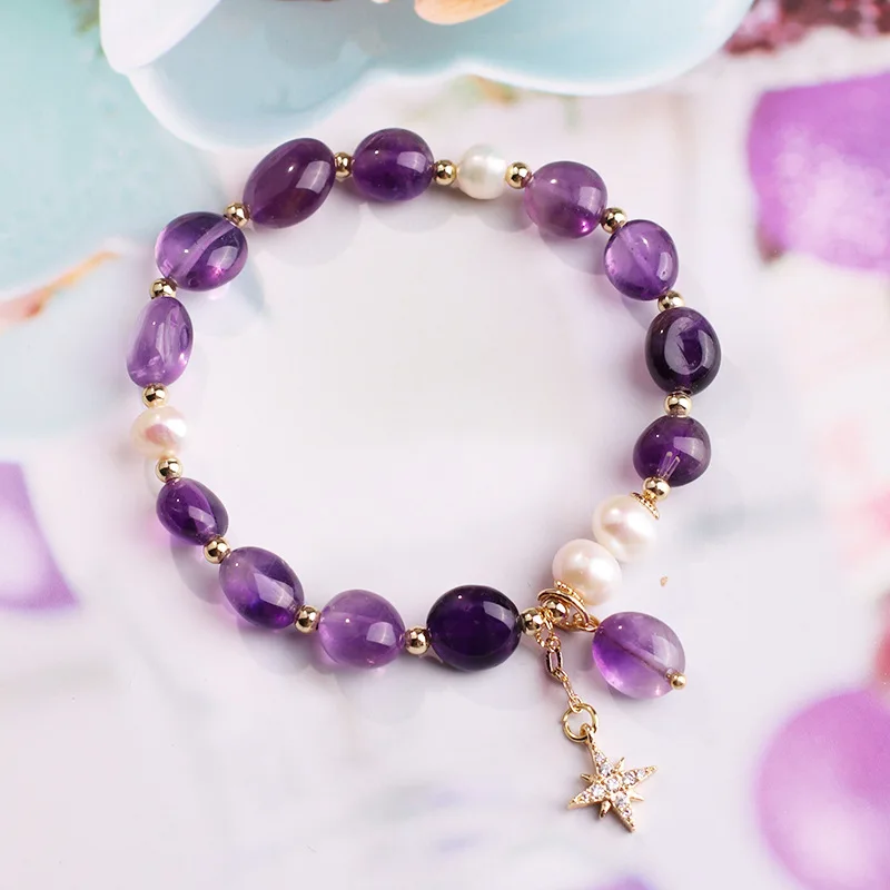 

Natural Stone Amethyst Freshwater Pearl Strand Bracelets Women Girls Charm gem crystal healing bracelet Friendship jewelry
