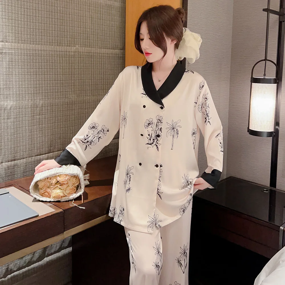 New style pajamas women's ice silk double breasted floral silk pajamas for women  loungewear women