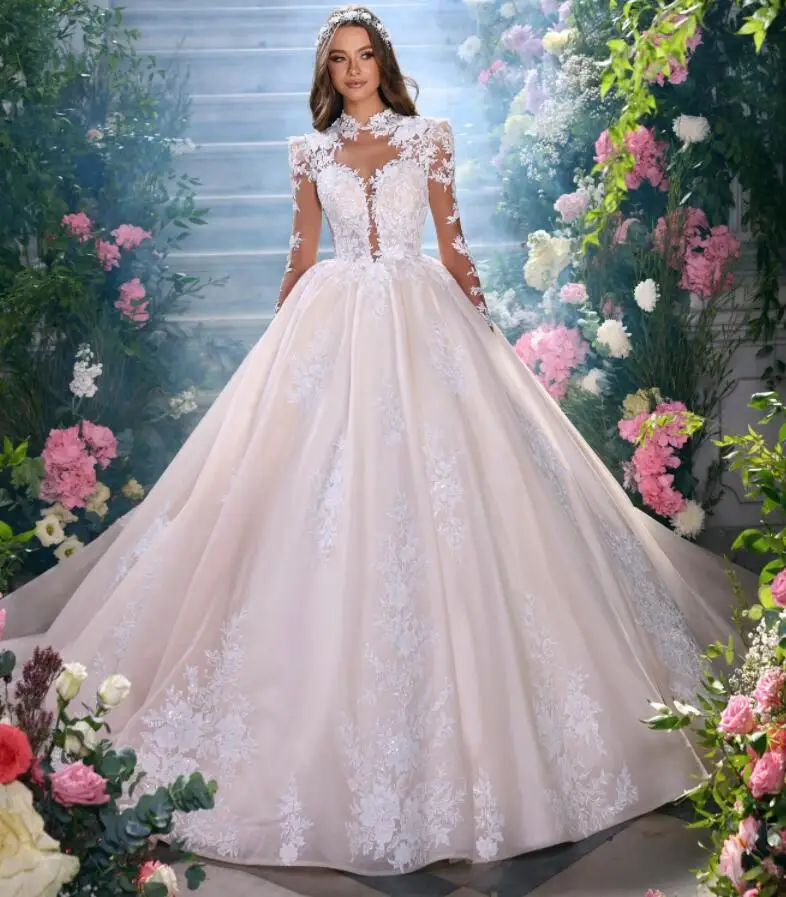 

Vintage Lace Wedding Dresses Princess Sexy High Collar Long Sleeves Sparkly Applique Bridal Gowns For Woman Vestido De Novia