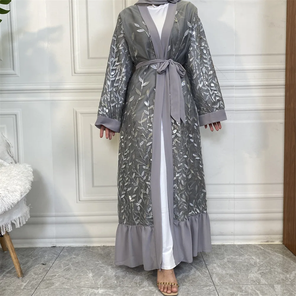 

Eid Open Abaya Women Muslim Lace Embroidered Maxi Dress Dubai Turkey Kaftan Kimono Cardigan Belted Ruffle Jalabiya Ramadan Robe