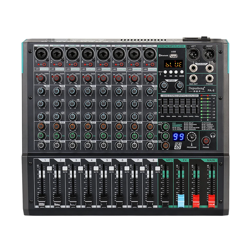 

PA8 Professional MP3 Computer Input Built-in 99 Reverb Effect 8 Channel Digital Audio Mixer