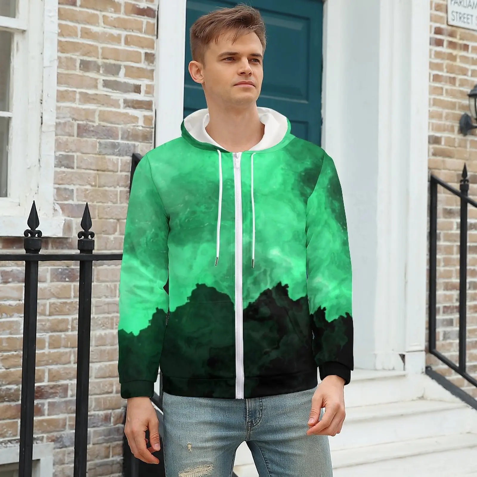 

Green Mountain Zipper Hoodies Abstract Marble Print Y2k Hoodie Man Long Sleeve Oversized Street Style Trendy Casual Clothing