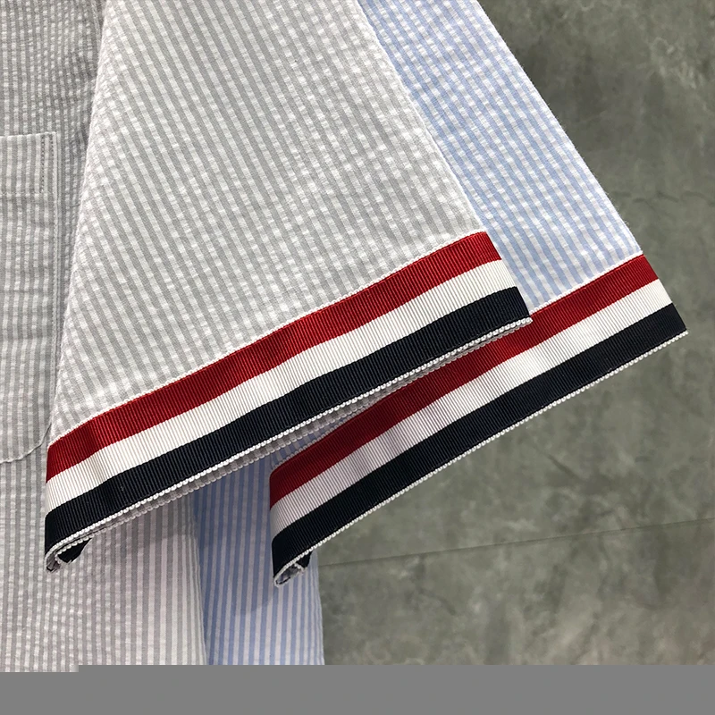 TB THOM Men's Dress Shirt Slim Fit Ultra Wrinkle Free Flex Collar Stretch Clothes Fashion Brand Stripe Summer Short Sleeves
