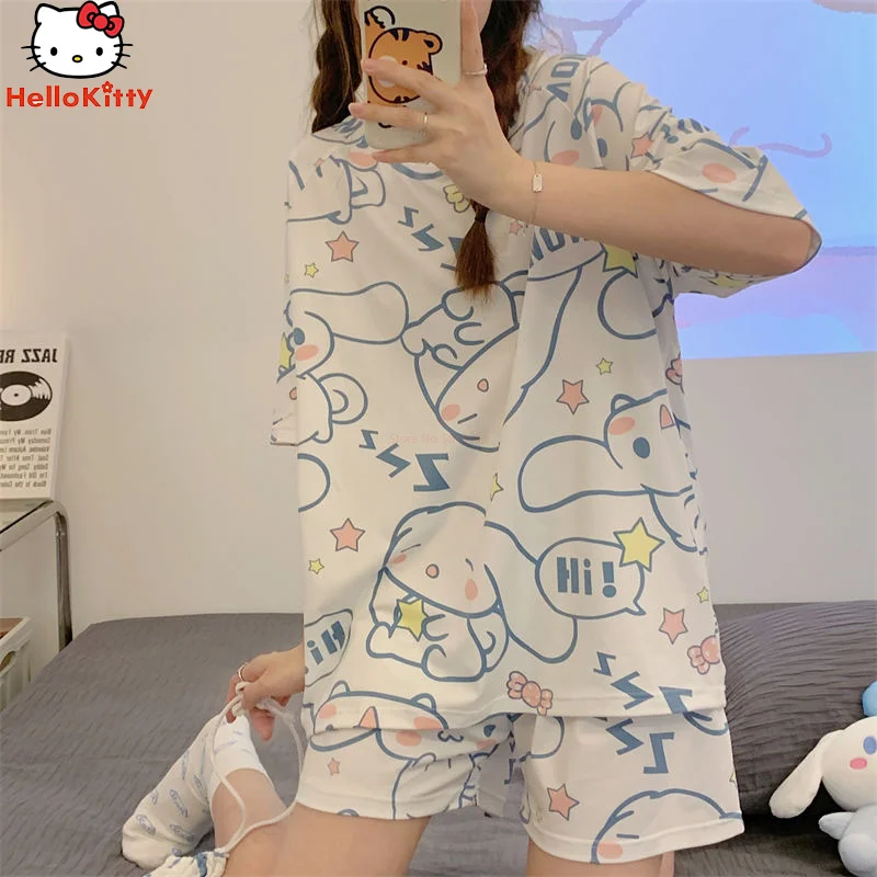 

Sanrio Anime Cinnamoroll Kuromi Pajamas Summer Simple Fashion Delicate Cute Casual Loose Comfortable Soft Girly Set Gift