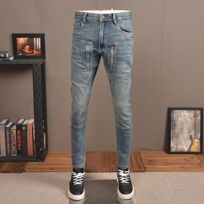 

Zip Blue Jeans Motorcycle Riding Jeans Splicing Men's Denim Trousers