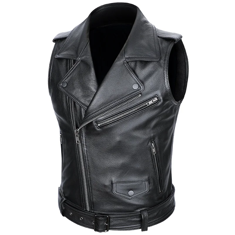 

Classical Motorcycle 100% Cowhide Leather Vest Men's Oblique Zipper Genuine Leather Sleeveless Jackets Slim Motor Biker Vests