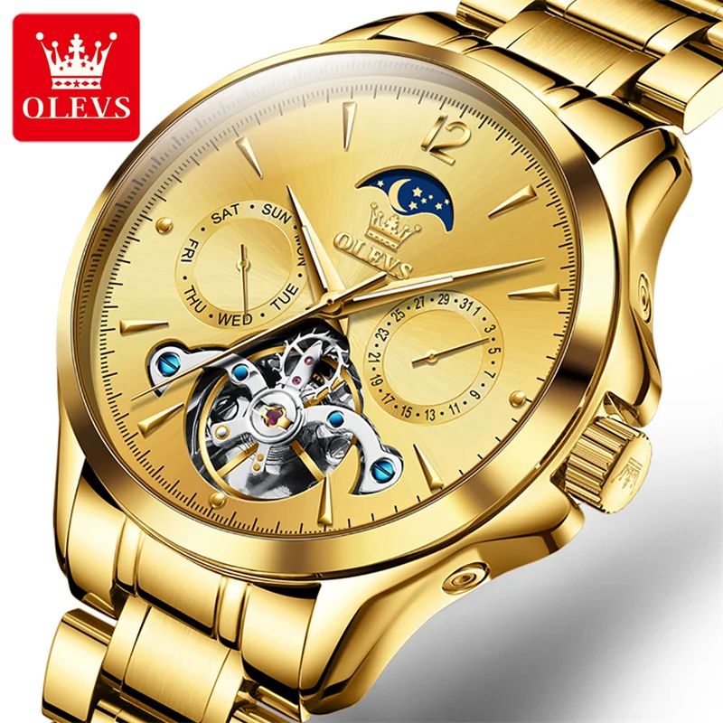 

OLEVS Automatic Self-Wind Watches Men's Gold Steel Moon Phase Waterproof Skeleton Tourbillon Mechanical Watch Men Relojes New