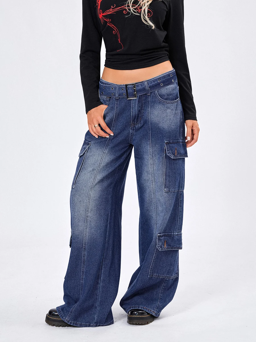 

Women High Waisted Wide Leg Denim Pants Y2K Patterned Baggy Flared Hem Jeans Stretch Bell Bottom Trousers
