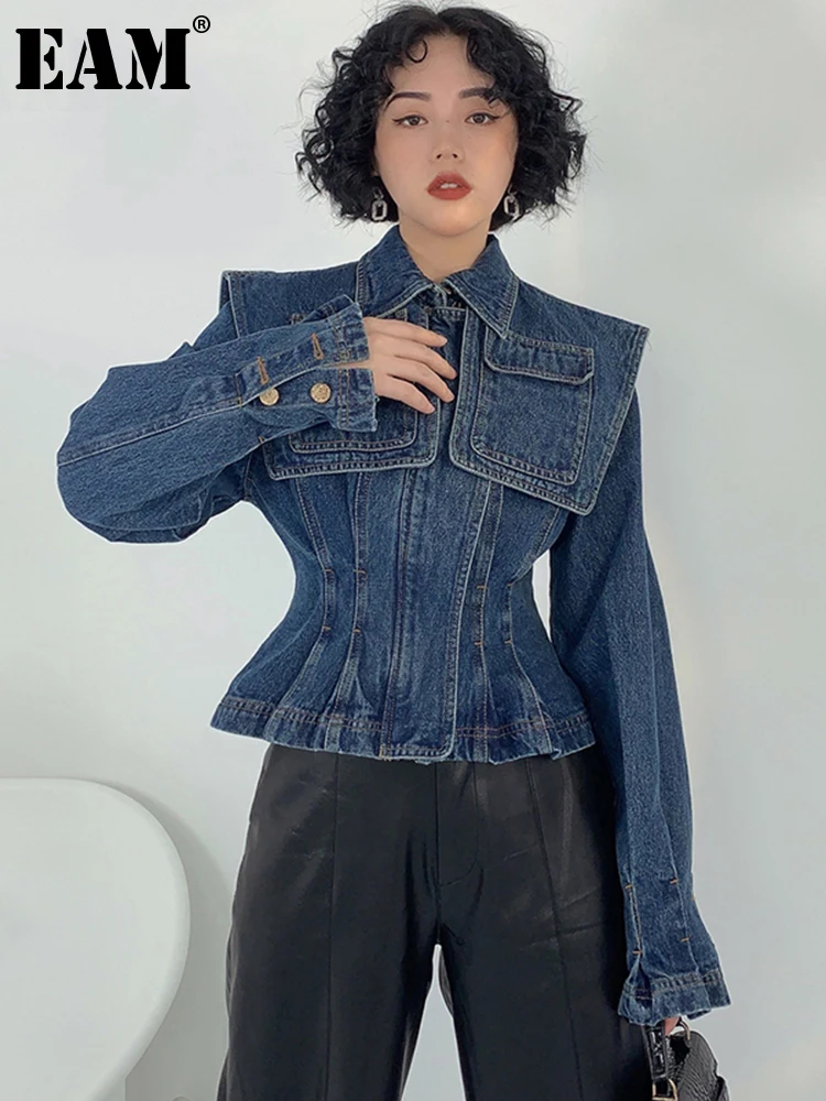 

[EAM] Loose Fit Blue Pocket Denim Big Size Jacket New Lapel Long Sleeve Women Coat Fashion Tide Spring Autumn 2022 1DE3357