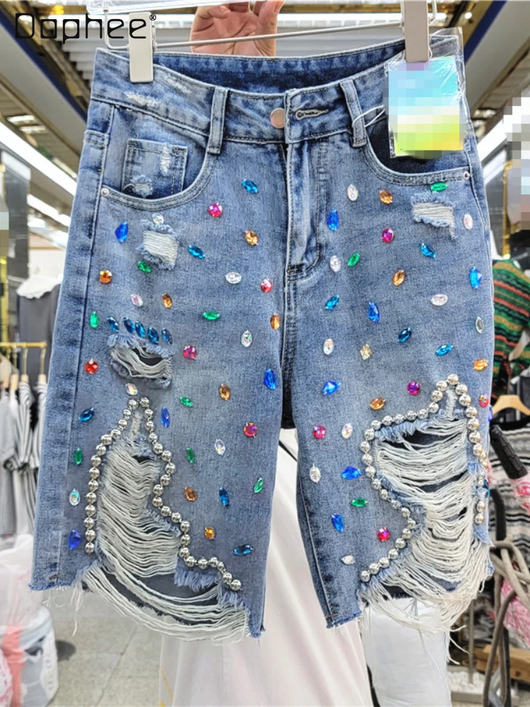

Streetwear Woman Color Rhinestones Ripped Denim Blue Half Pants Summer High Waist Loose Diamond-Embedded Half Jeans for Women