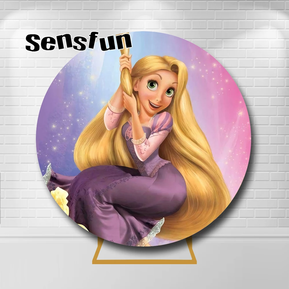 

Princess Tangled Rapunzel Round Backdrop Cover Purple Girls Happy Birthday Party Circle Background Elastic