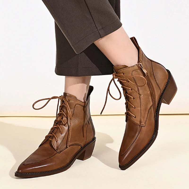 

сапоги женские ботинки на платформе дутики женские Женские короткие ботинки в стиле ретро, заостренный носок, на шнуровке, на толстом каблуке, удобная обувь на толстой подошве, в британском стиле, Botas Para Mujer