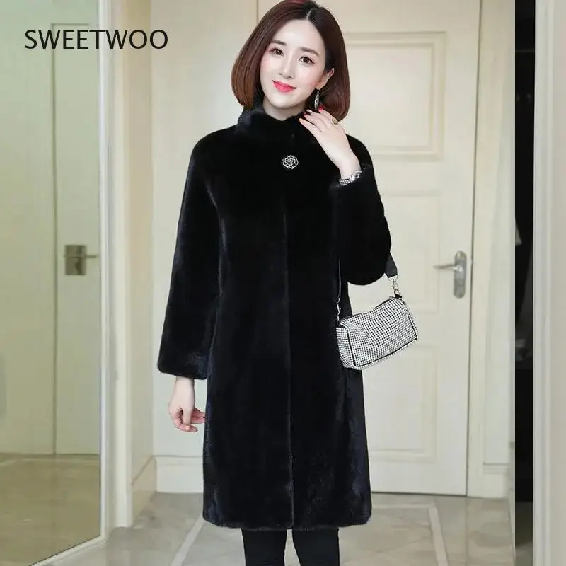 Winter Faux Mink Fleece Fur Coat Women Midi Stand Collar Faux Fur Jacket Thick Warm Loose Female Elegant Parka Outwear Plus 2022