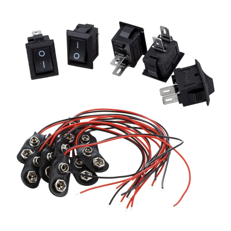 

5 X AC 250V 3A 2 Pin ON/OFF I/O SPST Snap In Mini Boat Rocker Switch & 10Pcs PP3 MN1604 9V 9 Battery Holder Clip Snap On Connect