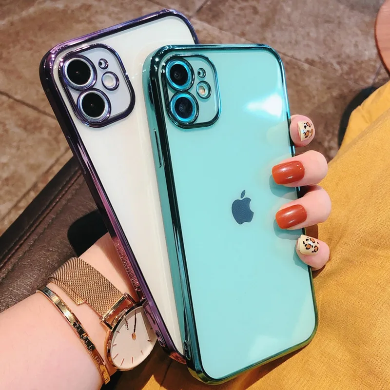 

Soft Square Transparent Phone Case For iPhone 11 12 13 mini Pro Max XS X XR Max 7 8 Plus SE 2020 Electroplated Cases Cover