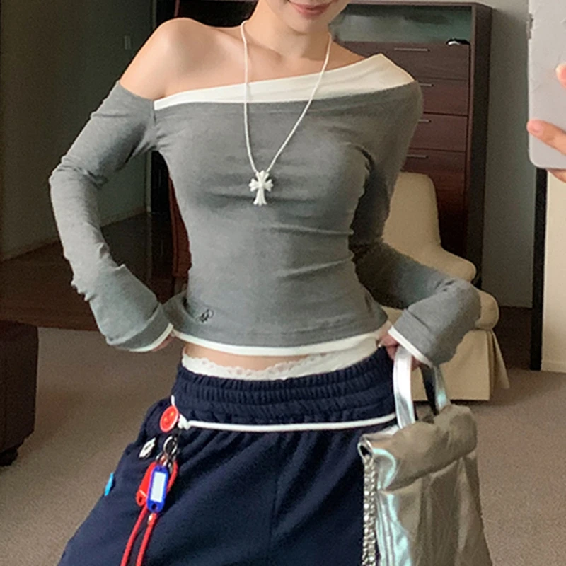 Женская повседневная футболка с длинным рукавом и косым вырезом в стиле пэчворк