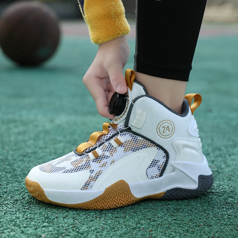 Autumn Kids Basketball Shoes High Top Boys Sports Shoe Button Design Children's Sneakers Non Slip Damping Student Training Shoes